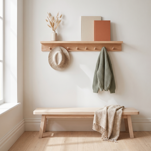 Wall Peg Rail with Shelf and 8 Wooden Hooks – Tasmanian Oak, 80 cm