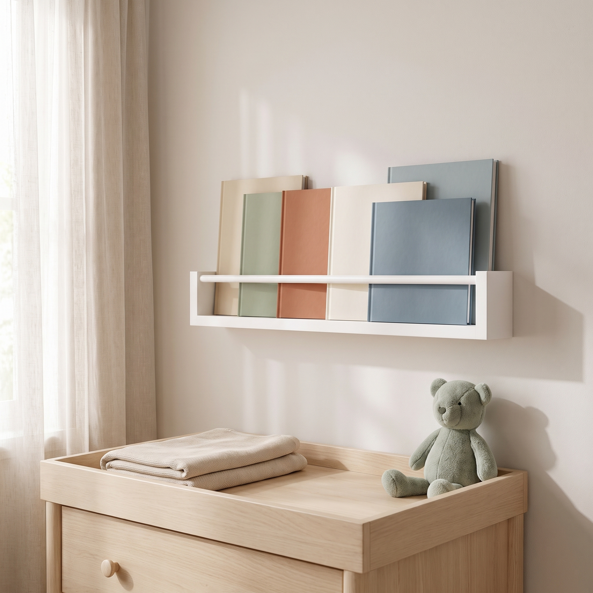 Wall-Mounted Front-Facing Kids' Book Rack in Painted Pine, White
