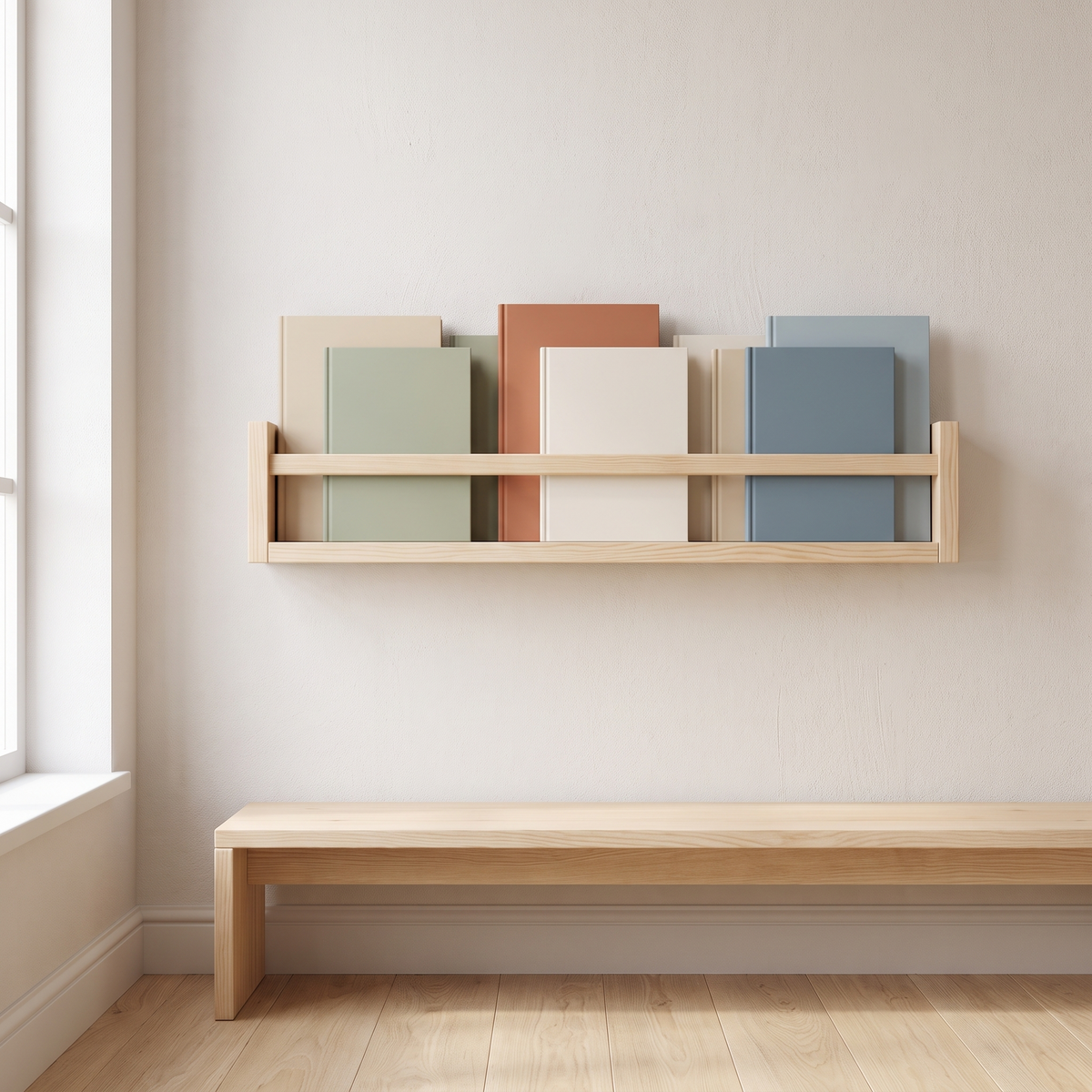 Wall-Mounted Front-Facing Book Rack with Flat Peg – Raw Pine