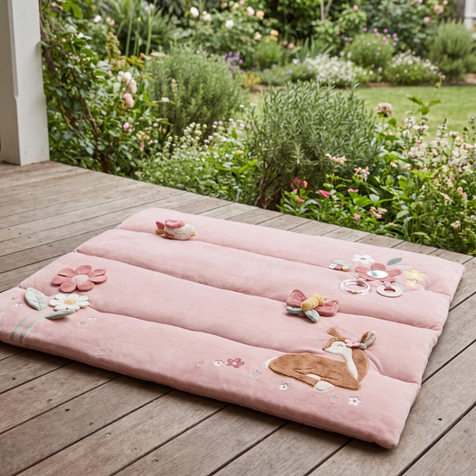 Padded Playpen Play Mat with Sewn-In Sensory Toys – Pink, 80 x 100 cm