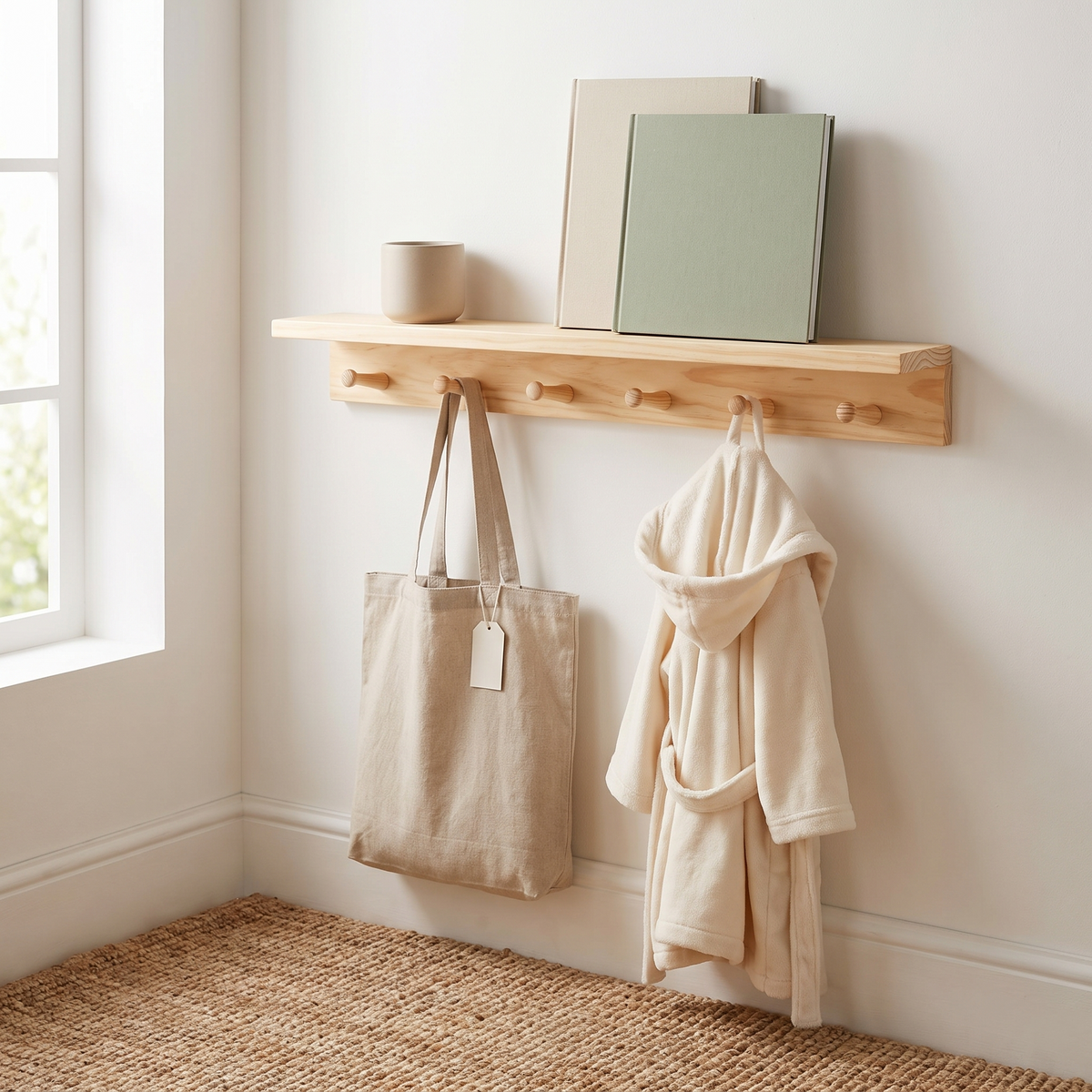 Kids Wall Shelf with 6 Wooden Coat Hooks – Pine, 60 cm