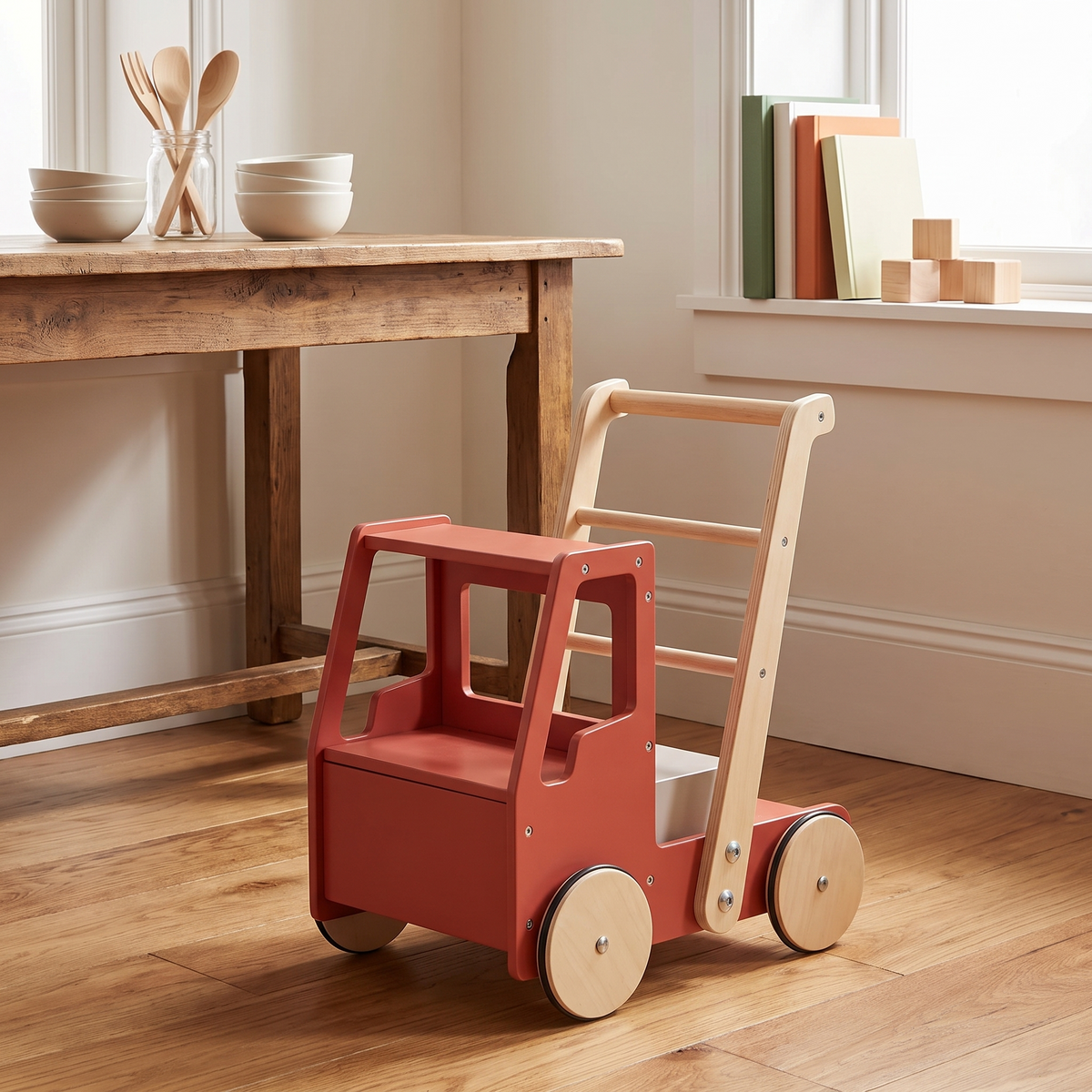 Wooden Fire Truck Push Walker with Removable Storage Box – Birchwood