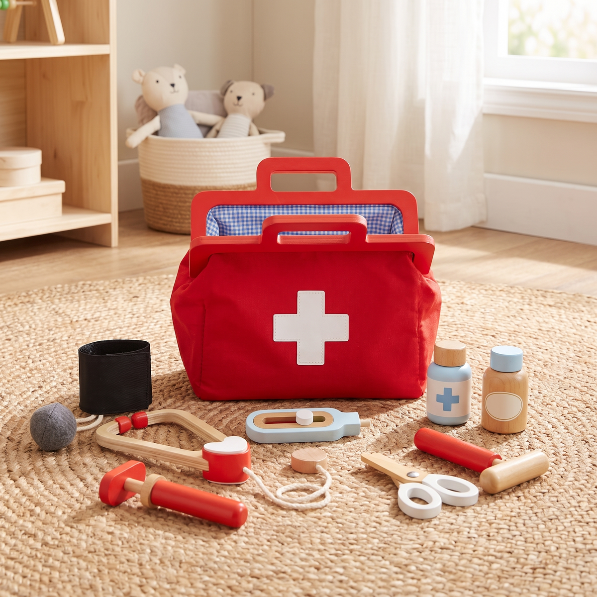 Wooden Toy Doctor Kit in Fabric Bag with 9 Instruments, Red