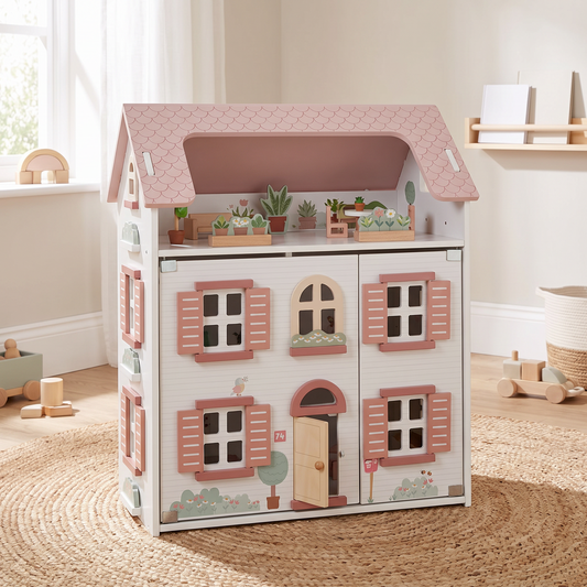 Wooden Dollhouse with 5 Furnished Rooms and 2 Peg Dolls, White with Pink Roof
