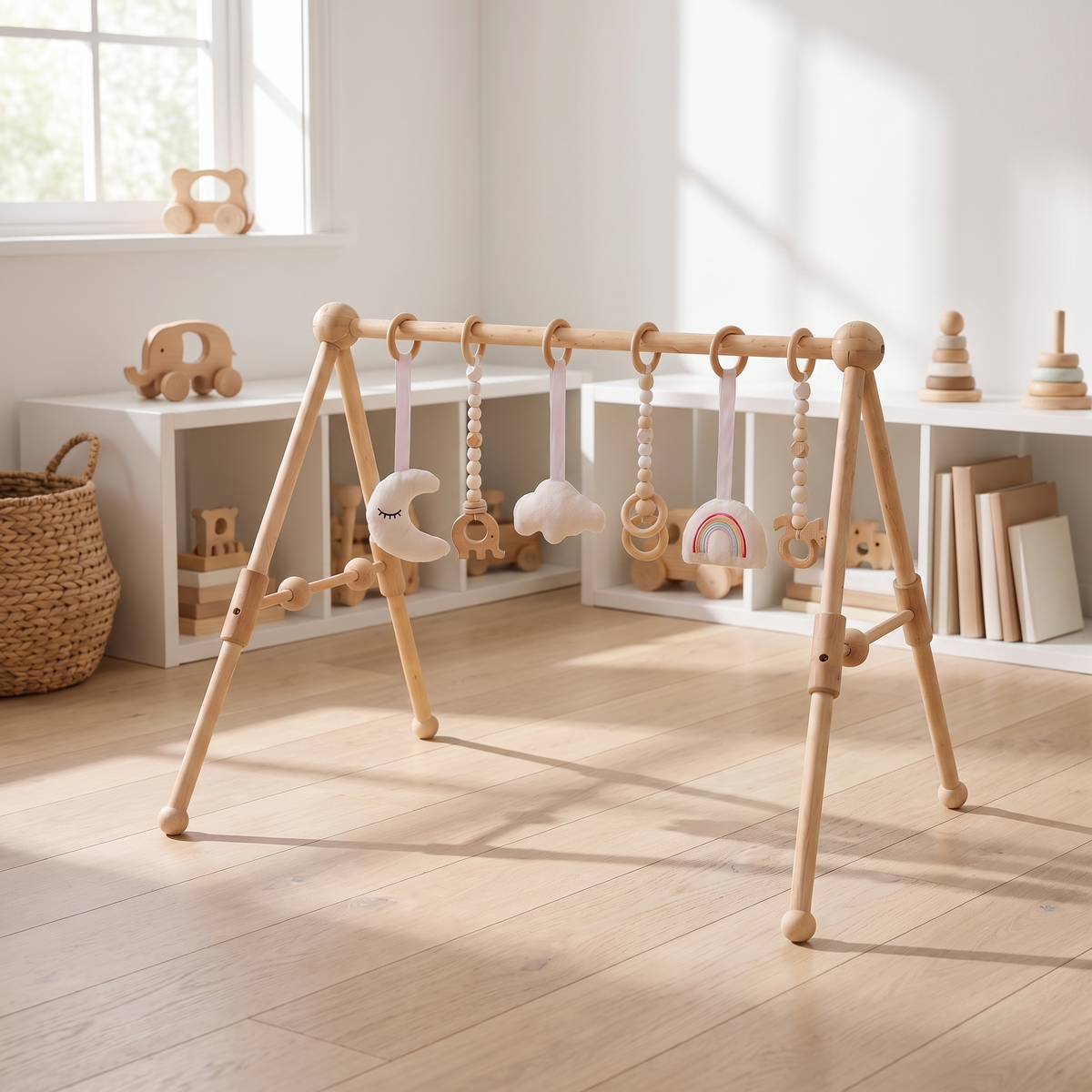 Wooden Baby Play Gym with Hanging Sensory Toys – Natural Wood
