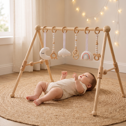 Wooden Baby Play Gym with Hanging Sensory Toys – Natural Wood