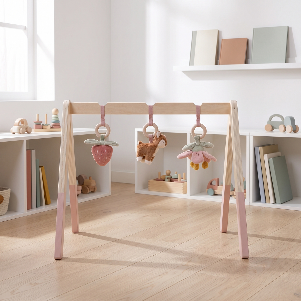 Wooden Baby Play Gym with Fabric Arch and Three Hanging Toys – Fairy Garden, 47.5 x 54 x 60 cm