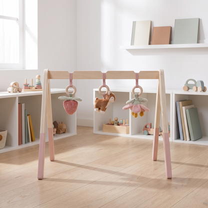 Wooden Baby Play Gym with Fabric Arch and Three Hanging Toys – Fairy Garden, 47.5 x 54 x 60 cm