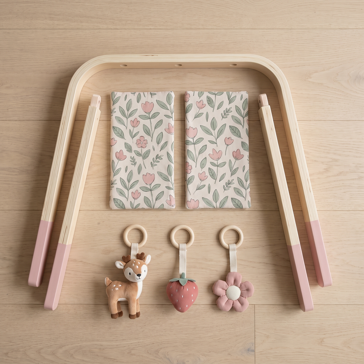 Wooden Baby Play Gym with Fabric Arch and Three Hanging Toys – Fairy Garden, 47.5 x 54 x 60 cm