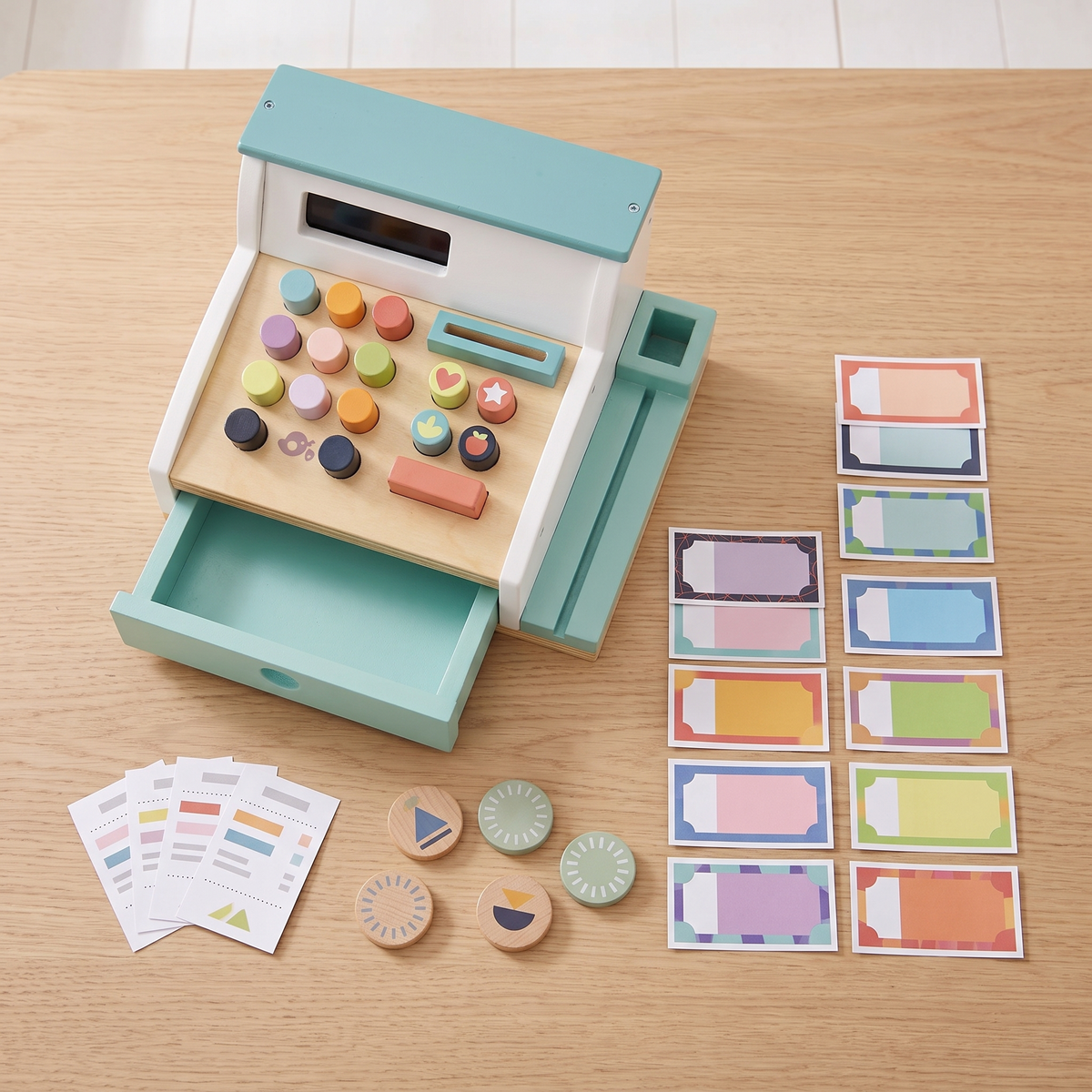 Wooden Play Cash Register with Coins, Notes and Receipts, Multicolored