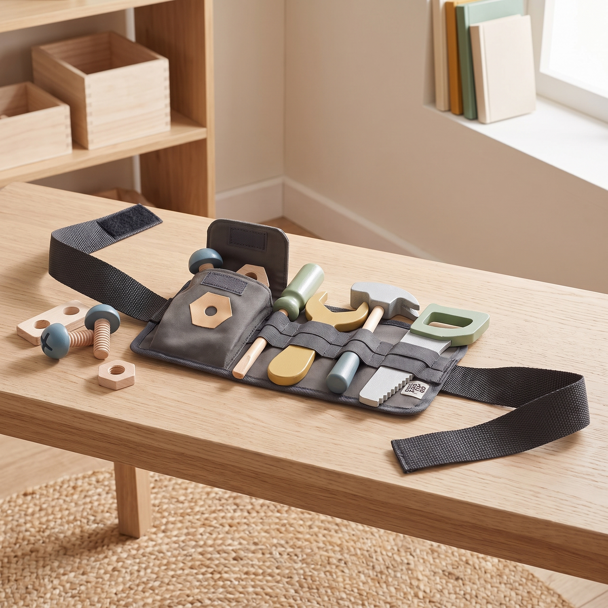 Kids Wooden Tool Belt Set with 9 Tools, Adjustable 40–80 cm