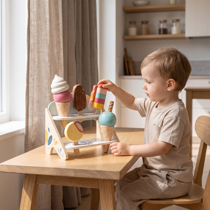 Wooden Ice Cream Shop Set with 6 Mix-and-Match Cones and Stand