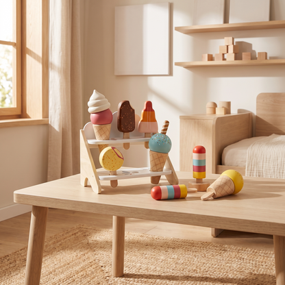 Wooden Ice Cream Shop Set with 6 Mix-and-Match Cones and Stand