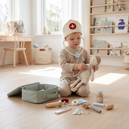 Wooden Toy Doctor Set with Fabric Bag, Stethoscope and Doctor's Cap