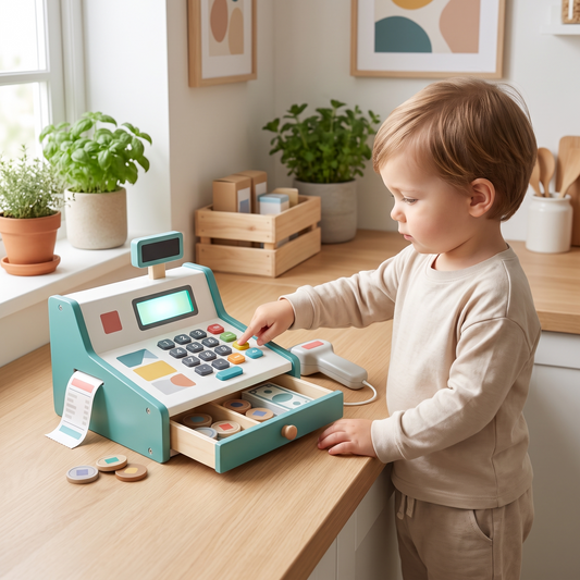 Wooden Play Cash Register with Coins, Notes and Receipts, Multicolored