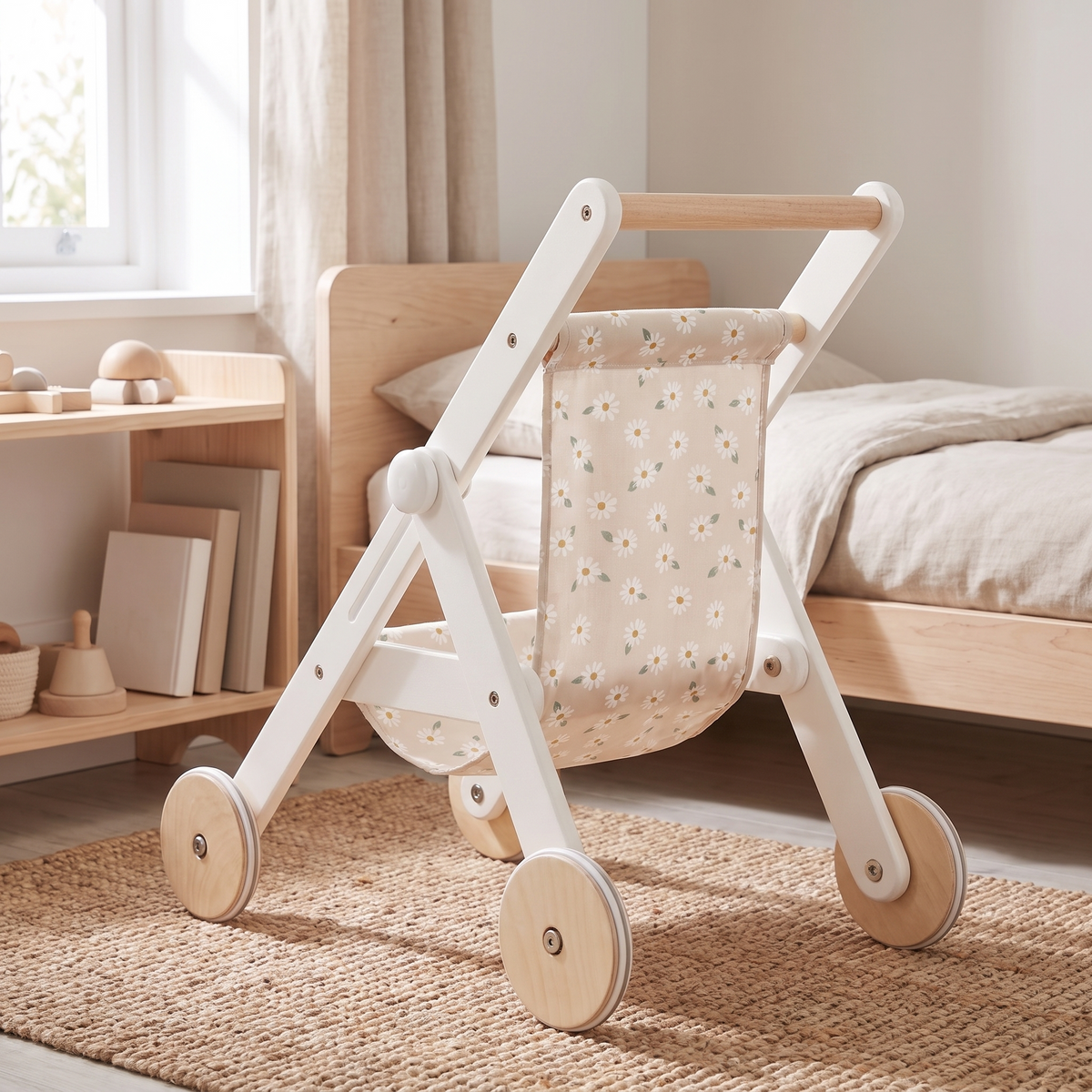 Wooden Doll Stroller with Cotton Seat and Rubber Wheels, White Pearl