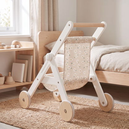 Wooden Doll Stroller with Cotton Seat and Rubber Wheels, White Pearl
