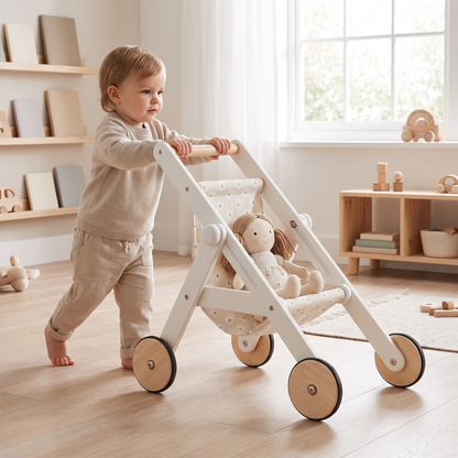 Wooden Doll Stroller with Cotton Seat and Rubber Wheels, White Pearl