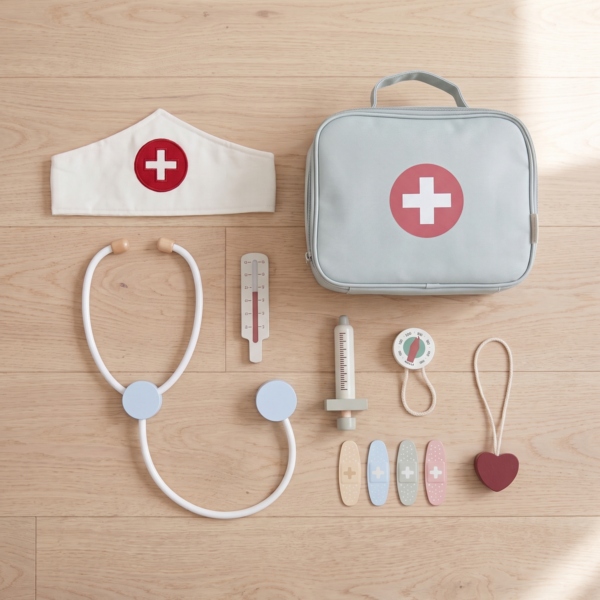 Wooden Toy Doctor Set with Fabric Bag, Stethoscope and Doctor's Cap