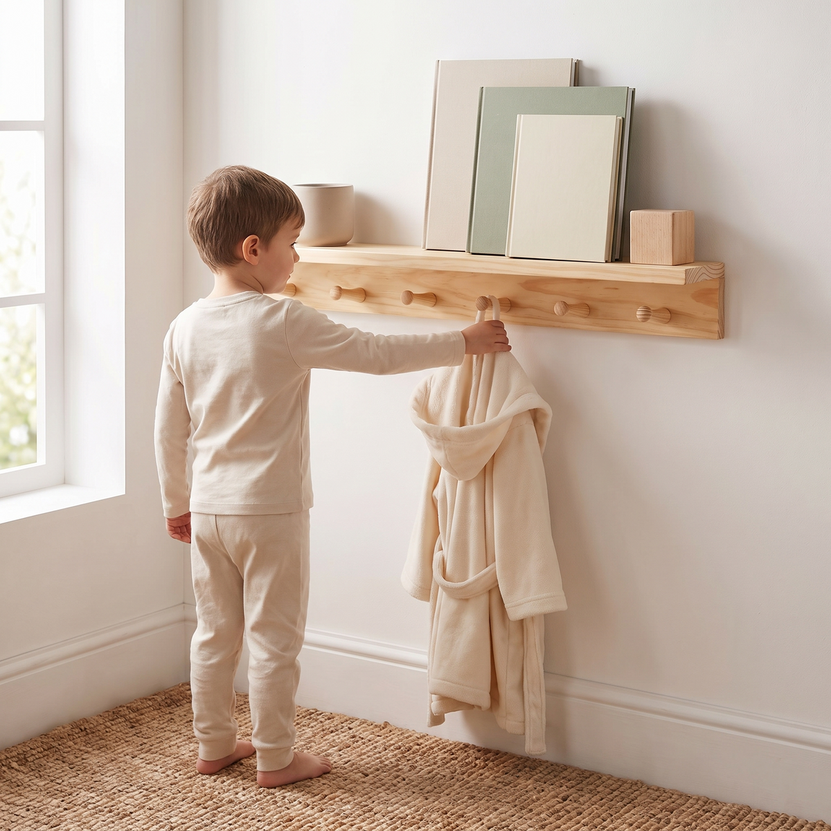 Kids Wall Shelf with 6 Wooden Coat Hooks – Pine, 60 cm