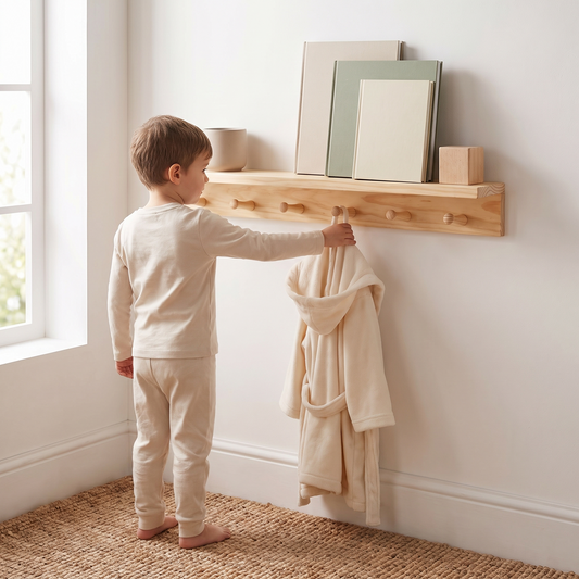 Kids Wall Shelf with 6 Wooden Coat Hooks – Pine, 60 cm