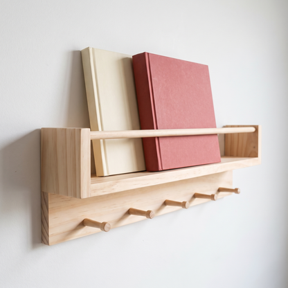Wall-Mounted Book Rack and Coat Rack with 5 Pegs – Raw Pine, 60 cm