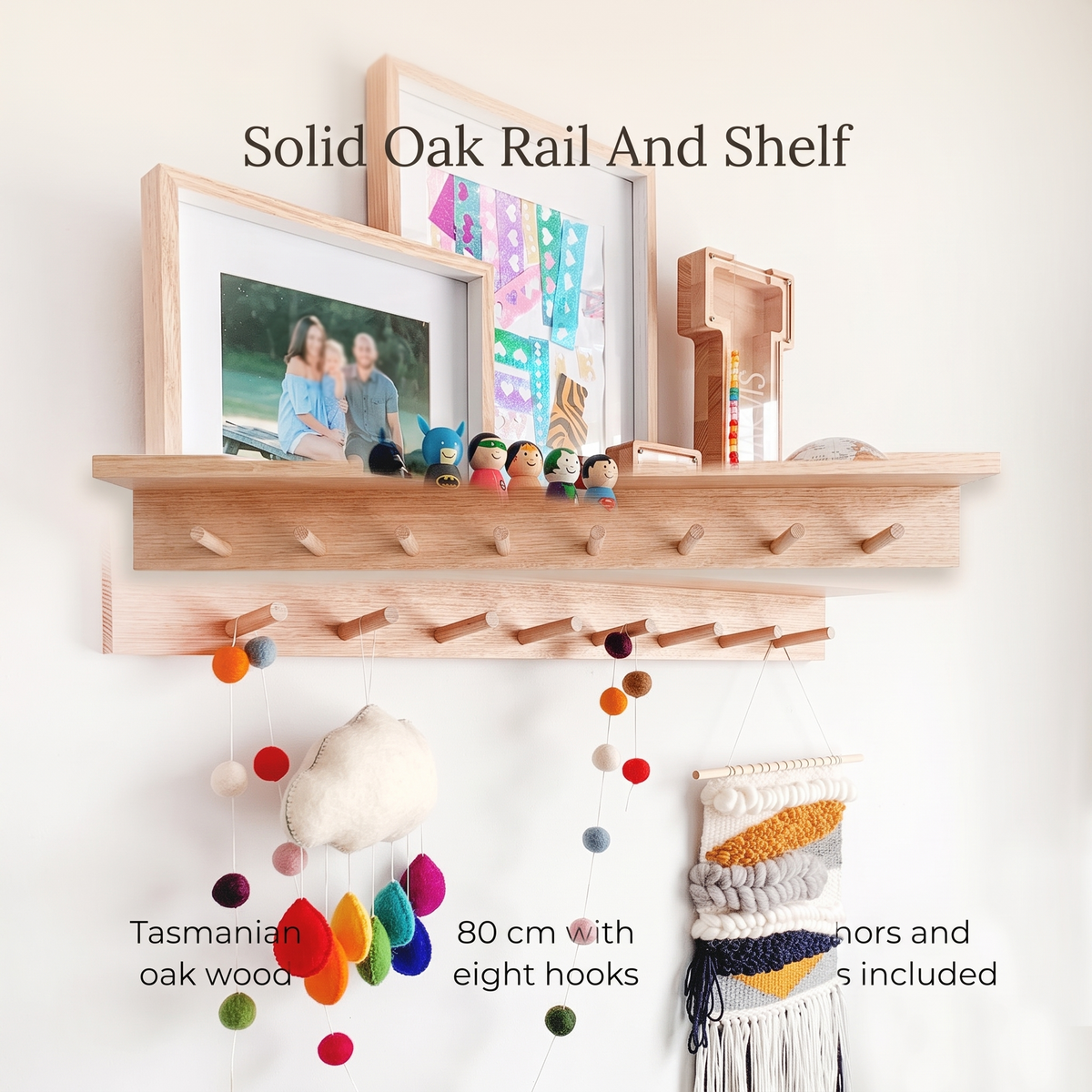 Wall Peg Rail with Shelf and 8 Wooden Hooks – Tasmanian Oak, 80 cm