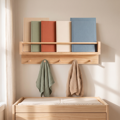 Wall-Mounted Book Rack and Coat Rack with 5 Pegs – Raw Pine, 60 cm
