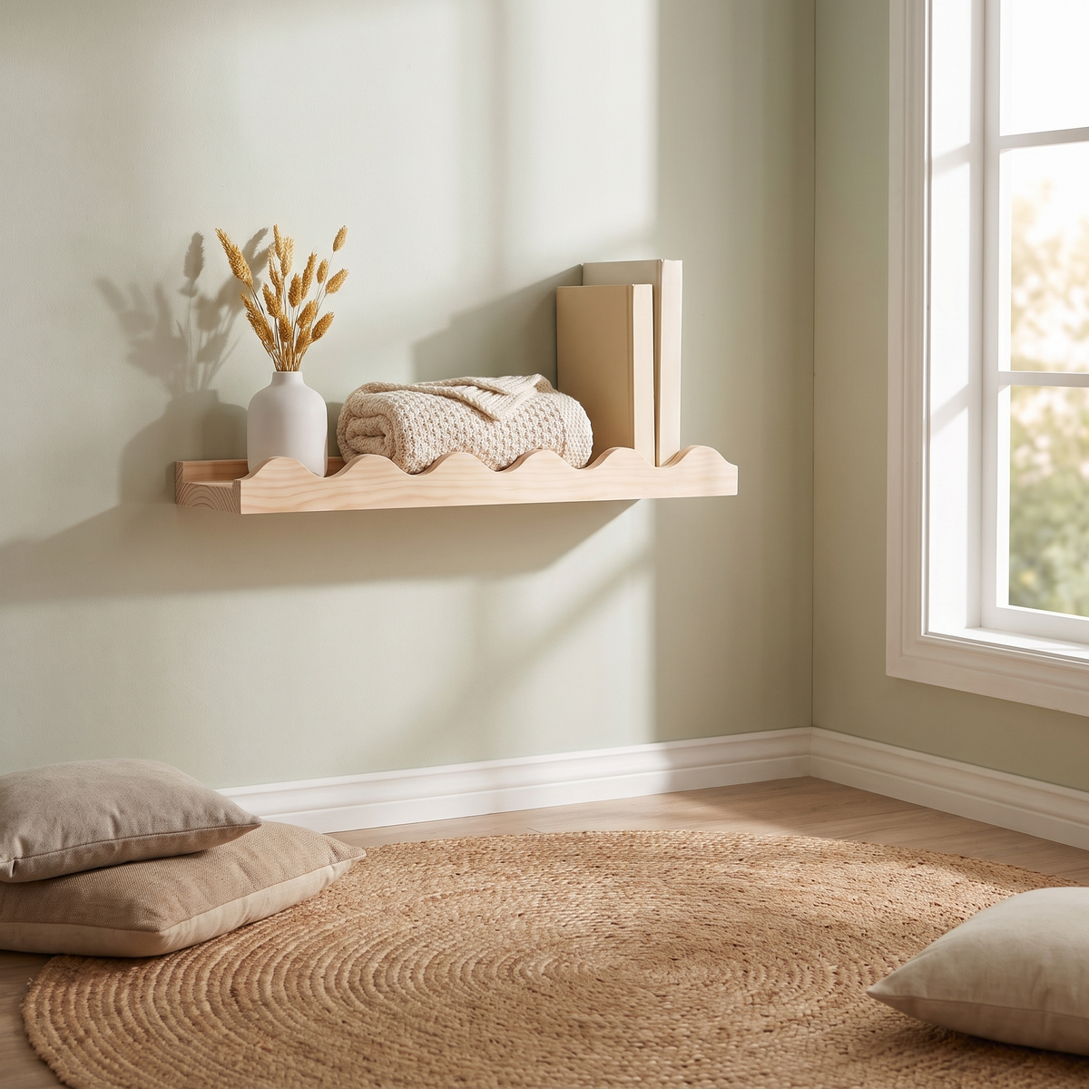 Wavy Floating Wall Shelf with Scalloped Edge – Raw Pine, 60 cm