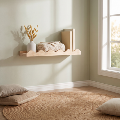 Wavy Floating Wall Shelf with Scalloped Edge – Raw Pine, 60 cm