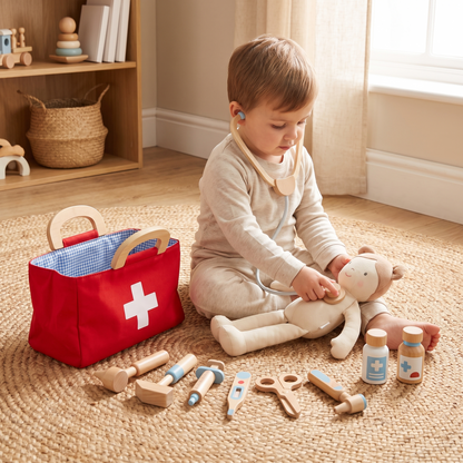 Wooden Toy Doctor Kit in Fabric Bag with 9 Instruments, Red