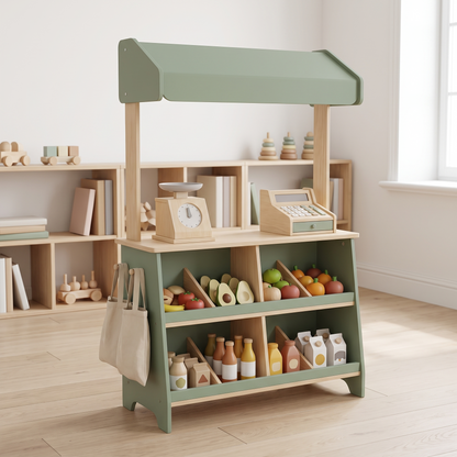 Wooden Market Stall with Scale, Till and 28 Play Food Pieces – 78 cm