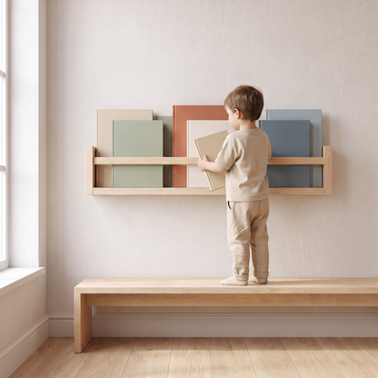 Wall-Mounted Front-Facing Book Rack with Flat Peg – Raw Pine