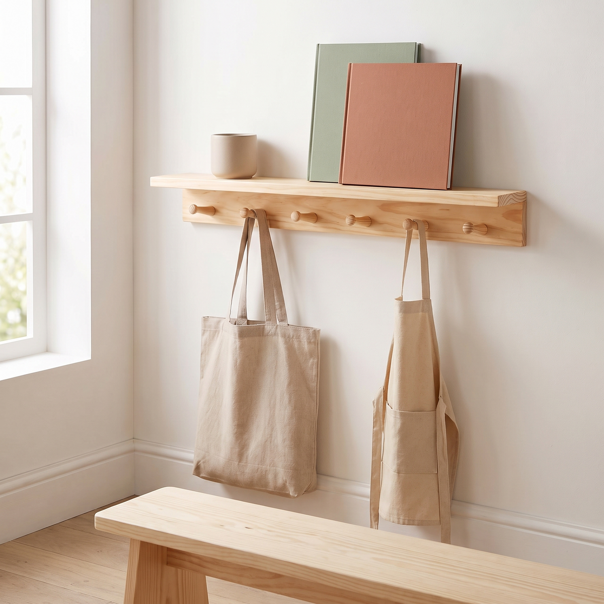 Kids Wall Shelf with 6 Wooden Coat Hooks – Pine, 60 cm