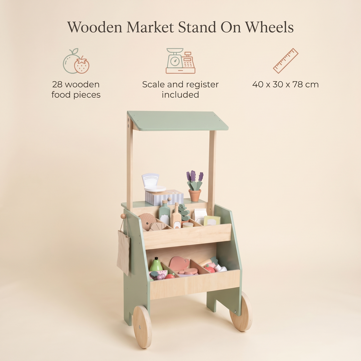 Wooden Market Stall with Scale, Till and 28 Play Food Pieces – 78 cm