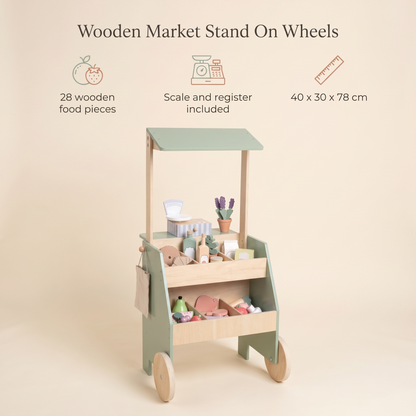 Wooden Market Stall with Scale, Till and 28 Play Food Pieces – 78 cm