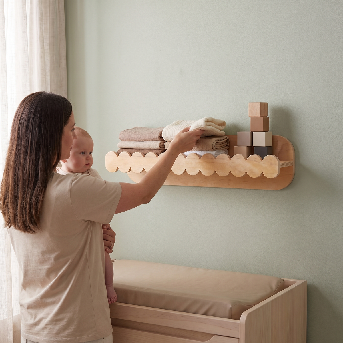 Scalloped Floating Wall Shelf – Natural Plywood, 60 cm