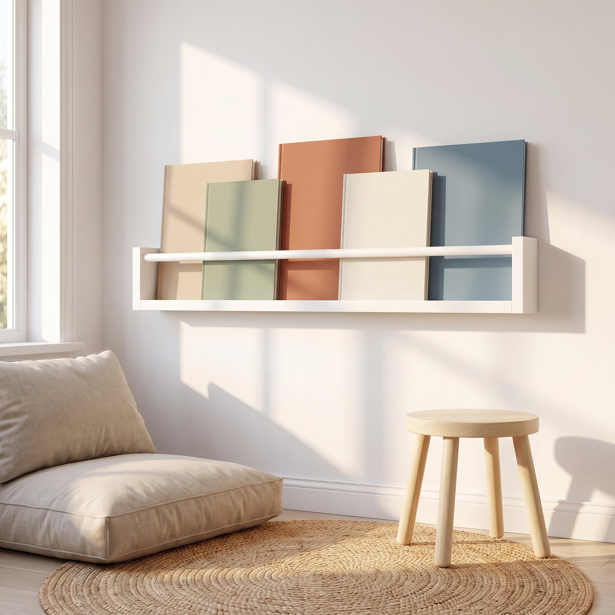Wall-Mounted Front-Facing Kids' Book Rack in Painted Pine, White