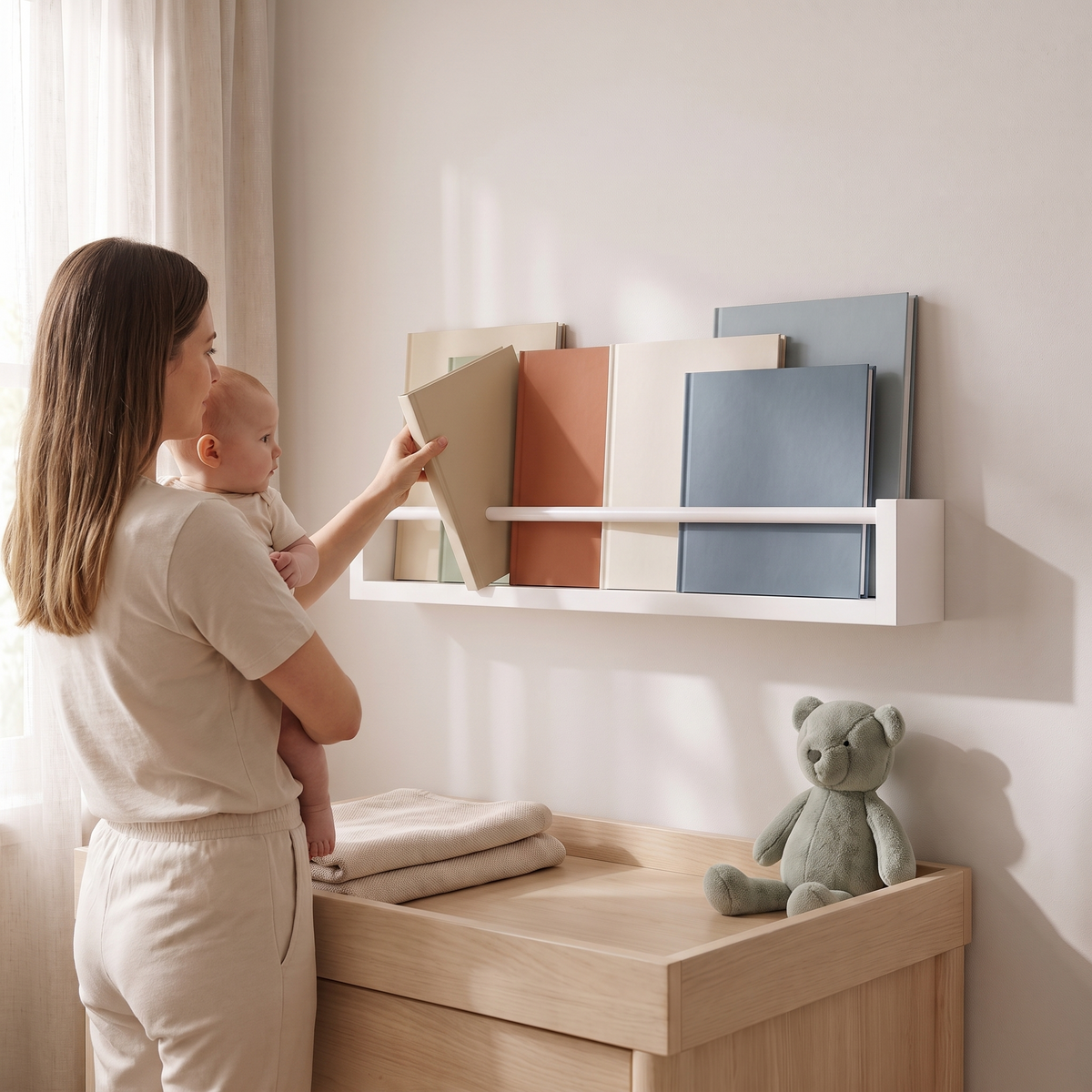 Wall-Mounted Front-Facing Kids' Book Rack in Painted Pine, White