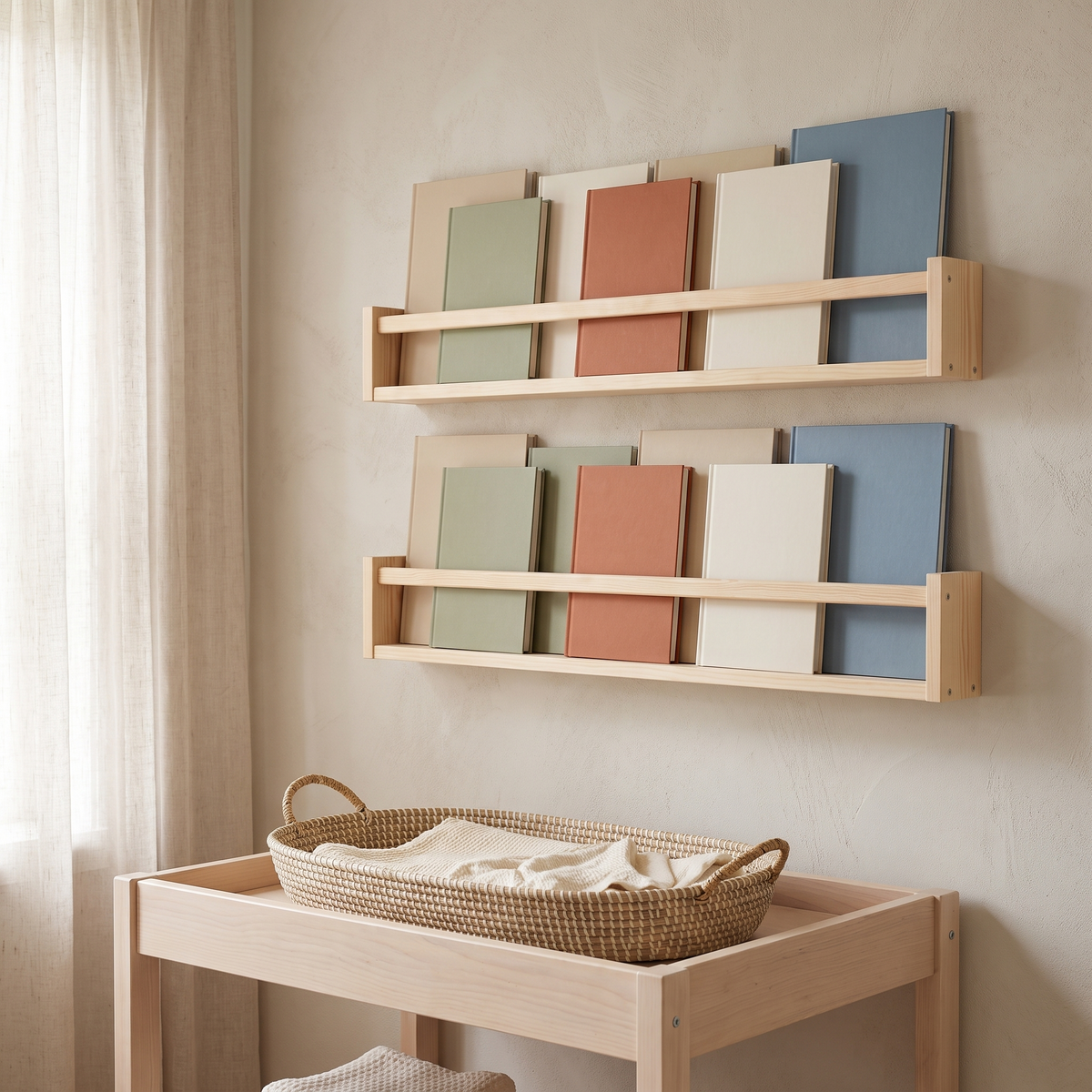 Wall-Mounted Front-Facing Book Rack with Flat Peg – Raw Pine