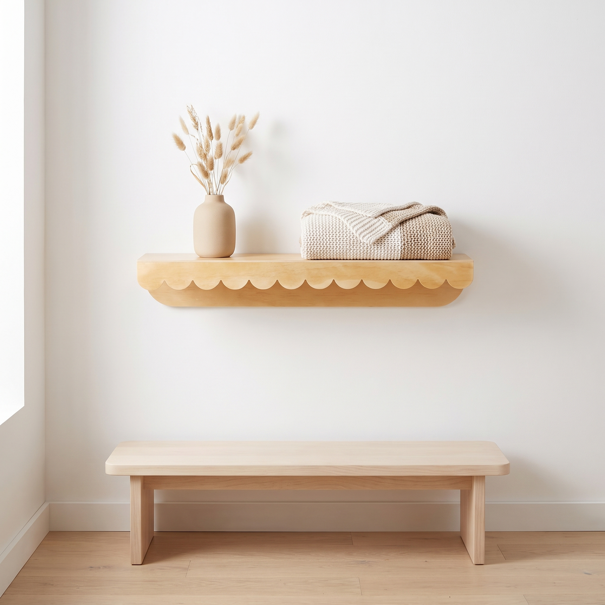 Scalloped Floating Wall Shelf – Natural Plywood, 60 cm
