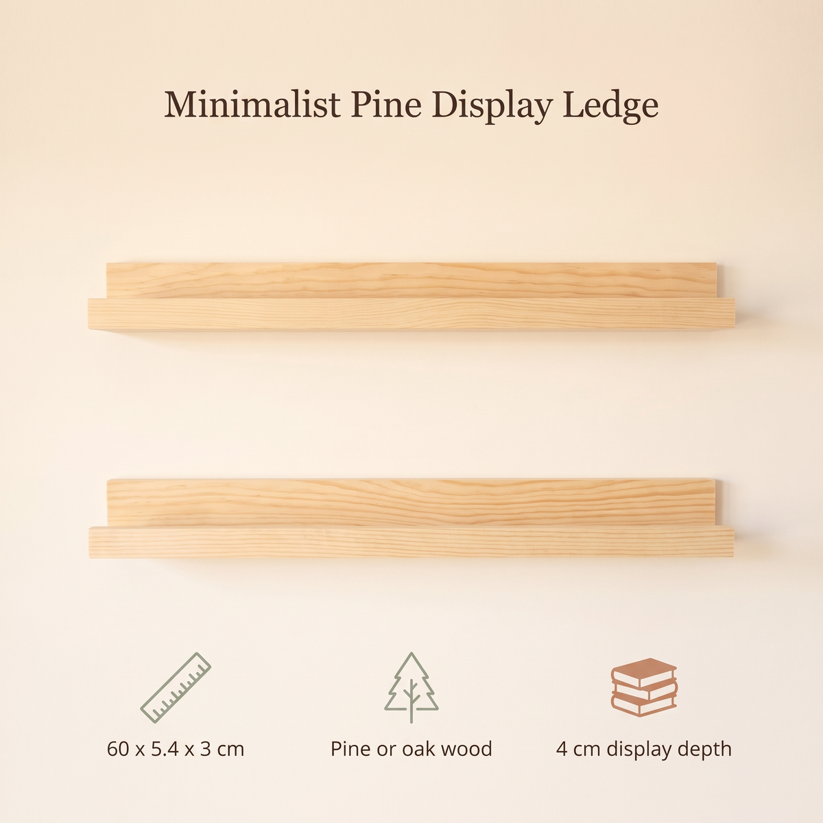 Wall-Mounted Book and Picture Display Ledge – Natural Wood, 60 cm