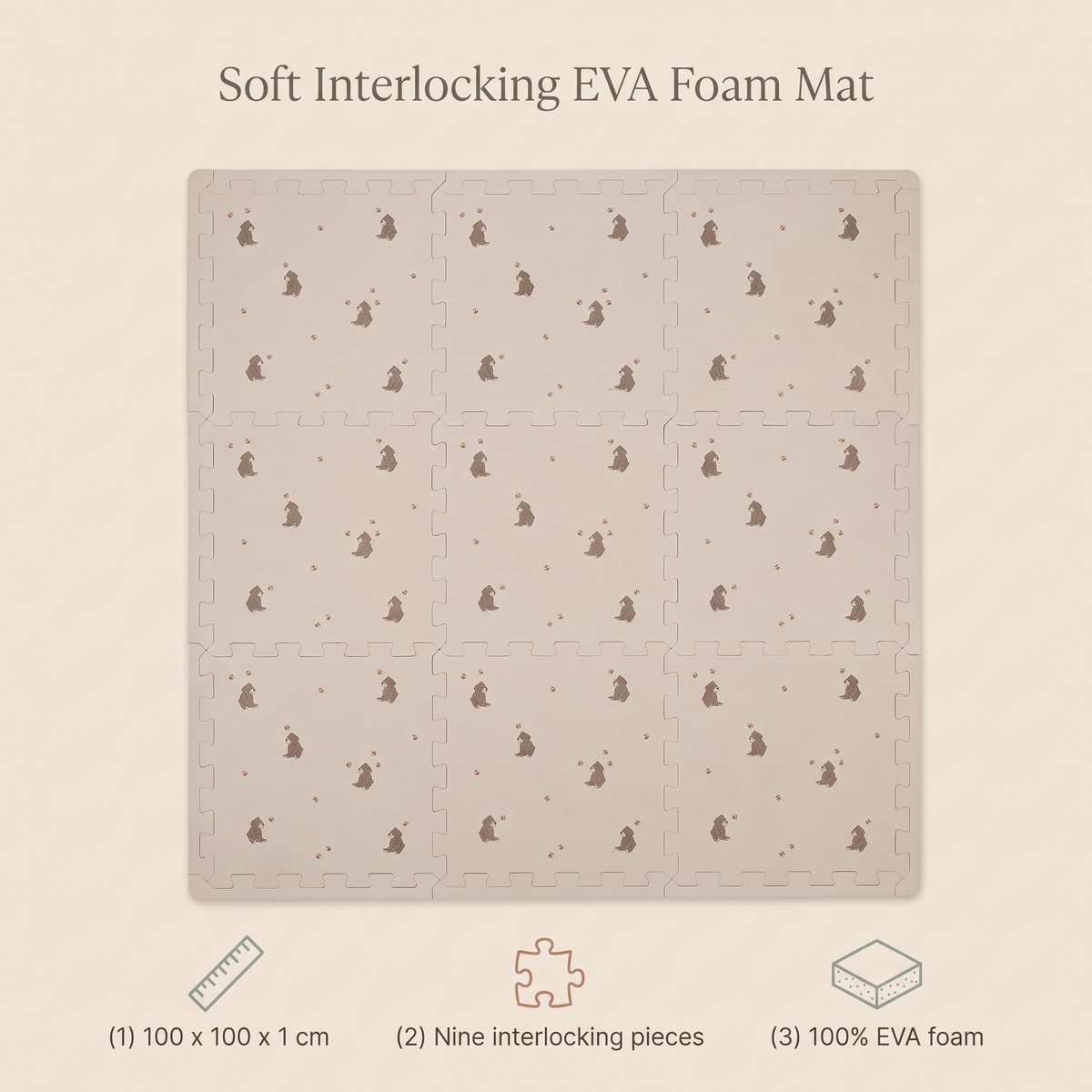 EVA Foam Play Mat with 9 Interlocking Pieces – Bees and Bears Print, 100 x 100 cm
