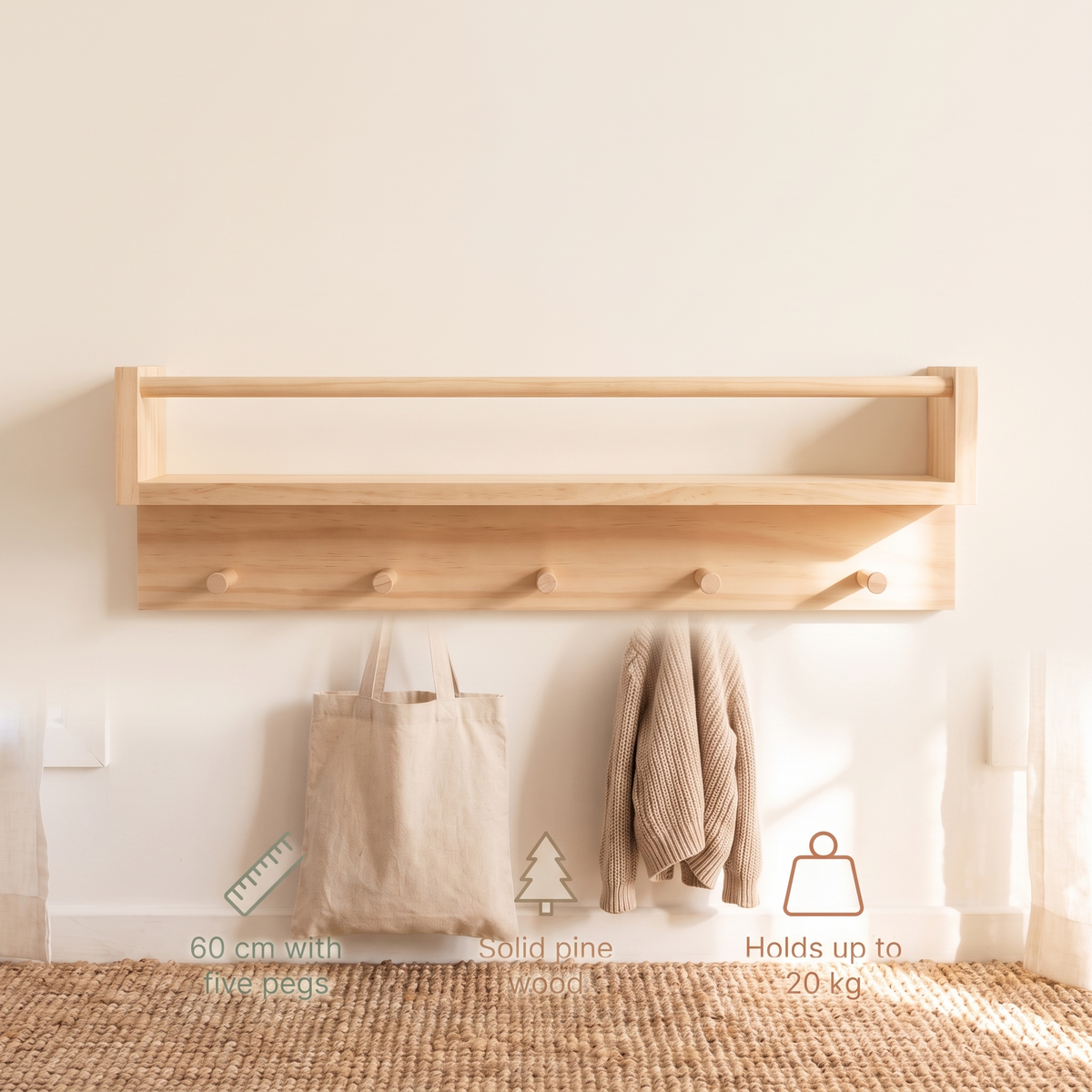 Wall-Mounted Book Rack and Coat Rack with 5 Pegs – Raw Pine, 60 cm