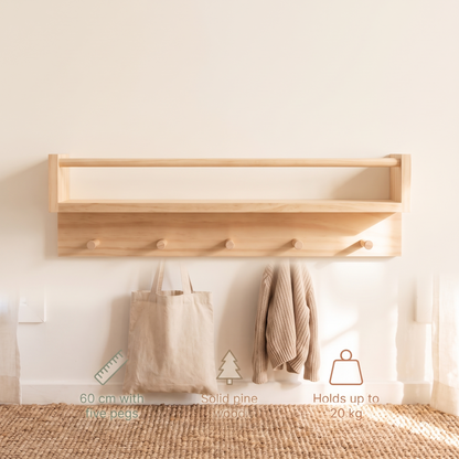 Wall-Mounted Book Rack and Coat Rack with 5 Pegs – Raw Pine, 60 cm