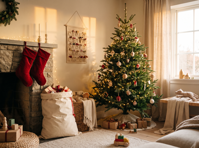Christmas stockings and a gift sack by the tree
