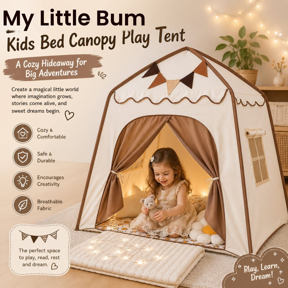 Kids Canopy Play Tent with Fibreglass Rods, Beige & Brown