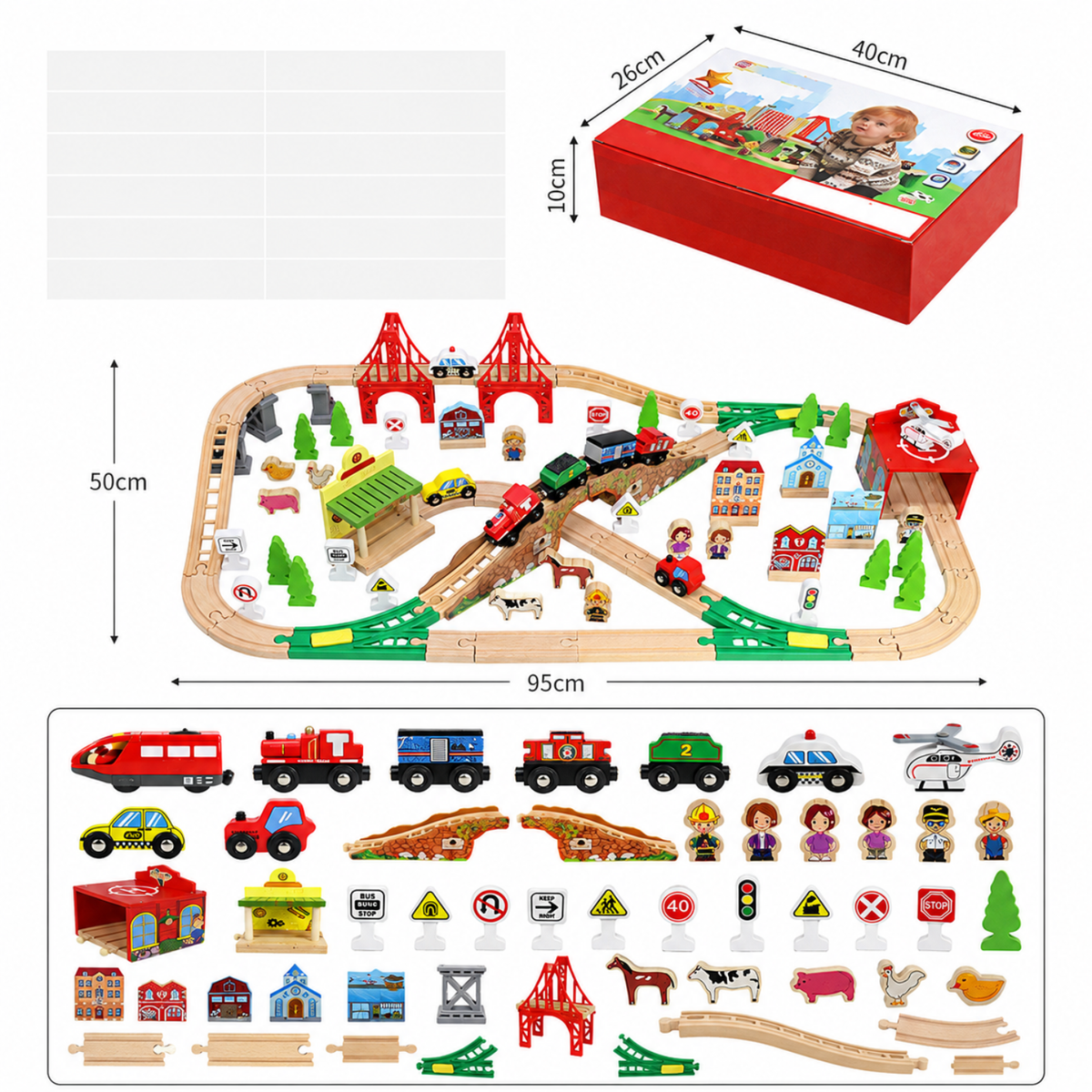 Wooden Train Track Set with Bridges, Town Pieces and Storage Box