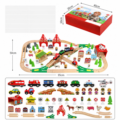 Wooden Train Track Set with Bridges, Town Pieces and Storage Box