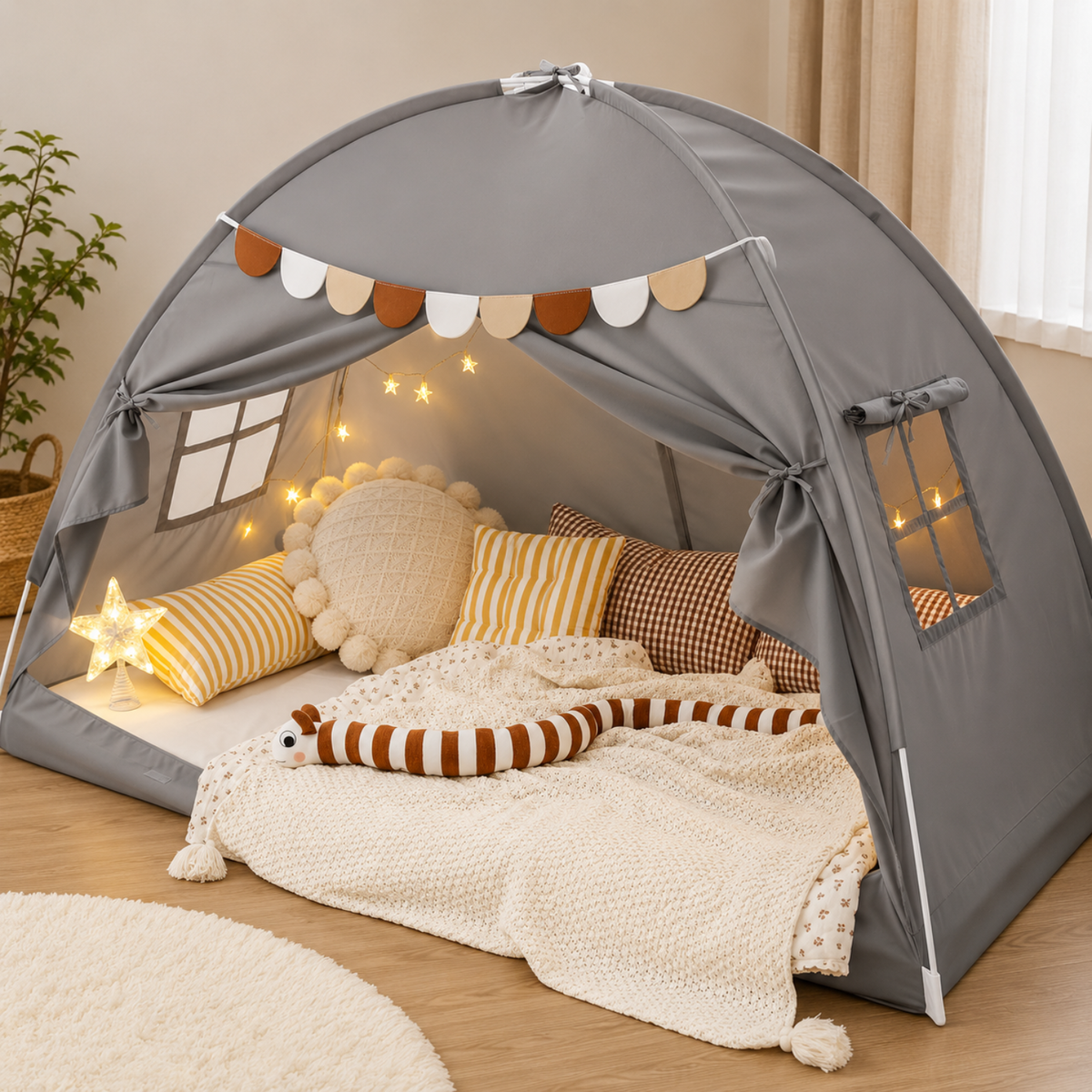 Twin Bed Play Tent with USB Star Lights and Flags
